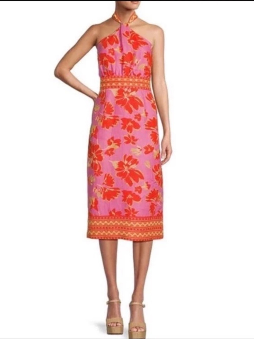 ANTONIO MELANI Pink and Orange Floral Linen Midi Dress